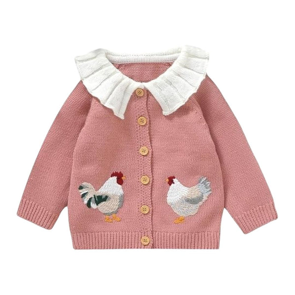 Vecot Kids Pink Chicken Knit Cardigan with Ruffle Collar
